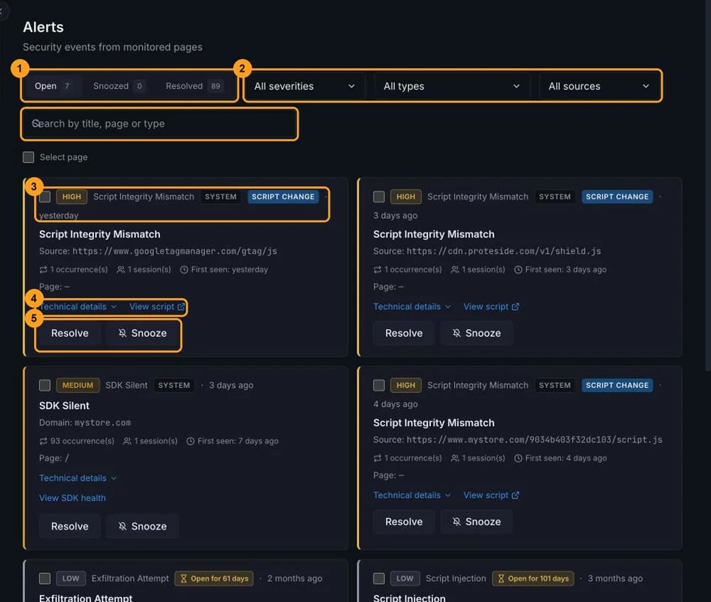 Alerts page with the Open, Snoozed and Resolved tabs, the filters, the search and alert cards with the Resolve and Snooze buttons