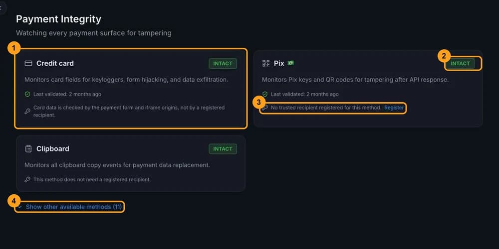 Payment Integrity page with the Credit card, Pix and Clipboard cards, the Intact status, the unregistered recipient notice on Pix and the Show other available methods link