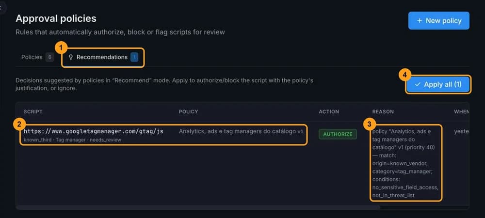 Recommendations tab with the script, the policy that recommended it, the reason and the Apply all button