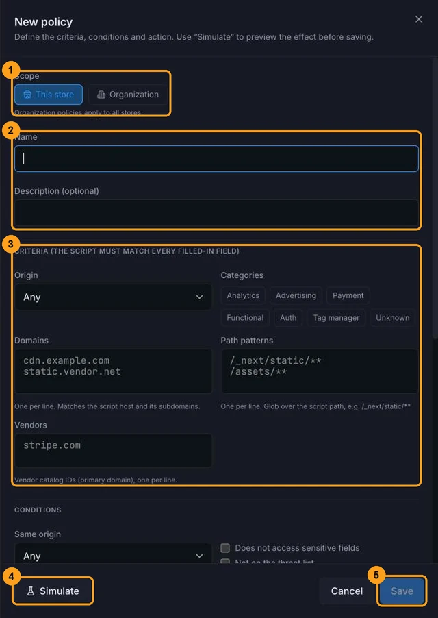 New policy panel with scope, name and description, criteria, and the Simulate and Save buttons