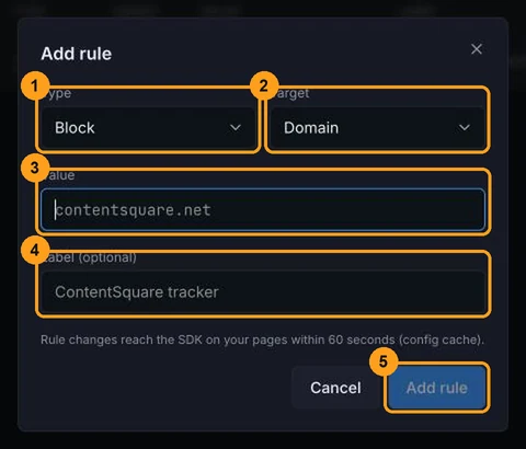 Add rule modal with the Type, Target, Value and Label fields and the Add rule button