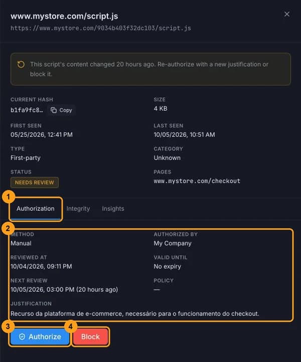Script details panel on the Authorization tab, with method, author, validity, next review, justification and the Authorize and Block buttons