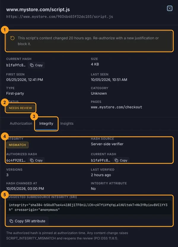 Script details panel on the Integrity tab, with the content changed warning, the status, the authorized and current hashes and the suggested SRI