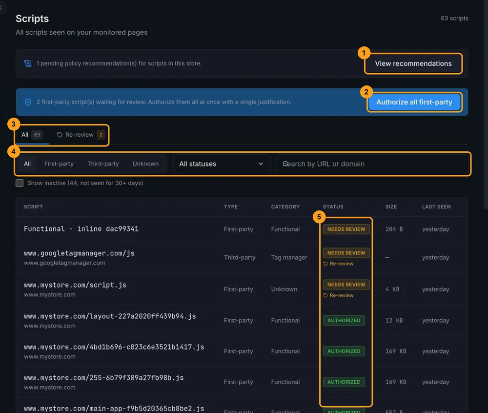 Scripts page with the recommendations notice, the pending first-party scripts notice, the All and Re-review tabs, the filters and the Status column