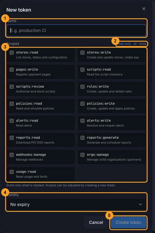 Settings → API screen with the token list: name, prefix, scopes, last used, expiration and status