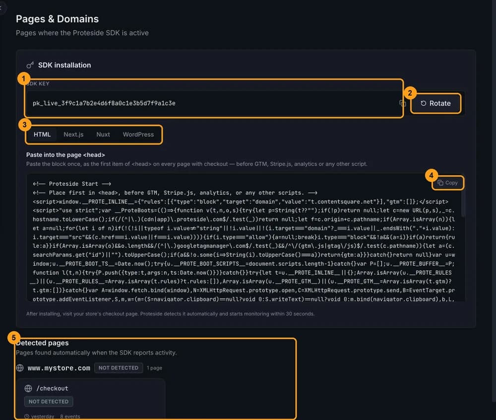 Pages & Domains screen with the SDK installation card, the SDK key and the snippet's platform tabs