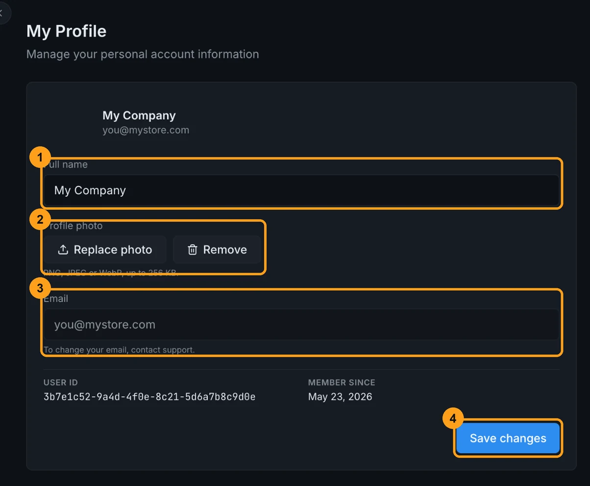 My Profile screen with the Full name and Profile photo fields, the disabled Email field and the Save changes button