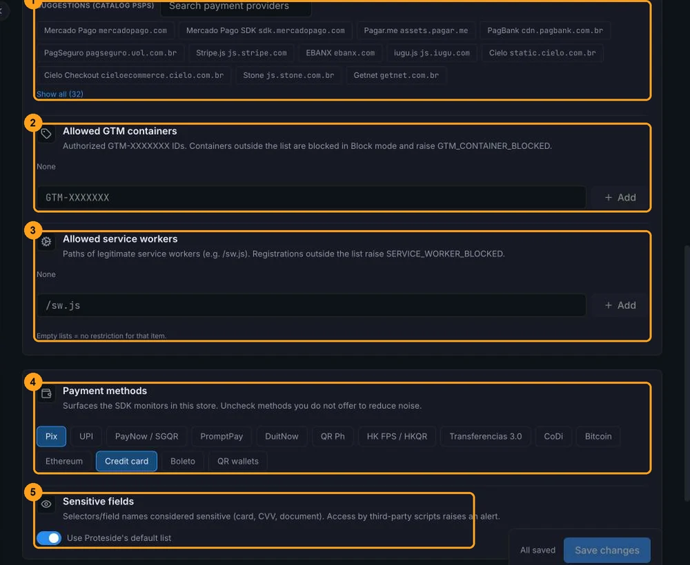 Bottom of the Payment protection screen with the catalog provider suggestions, allowed GTM containers, allowed service workers, payment methods and sensitive fields