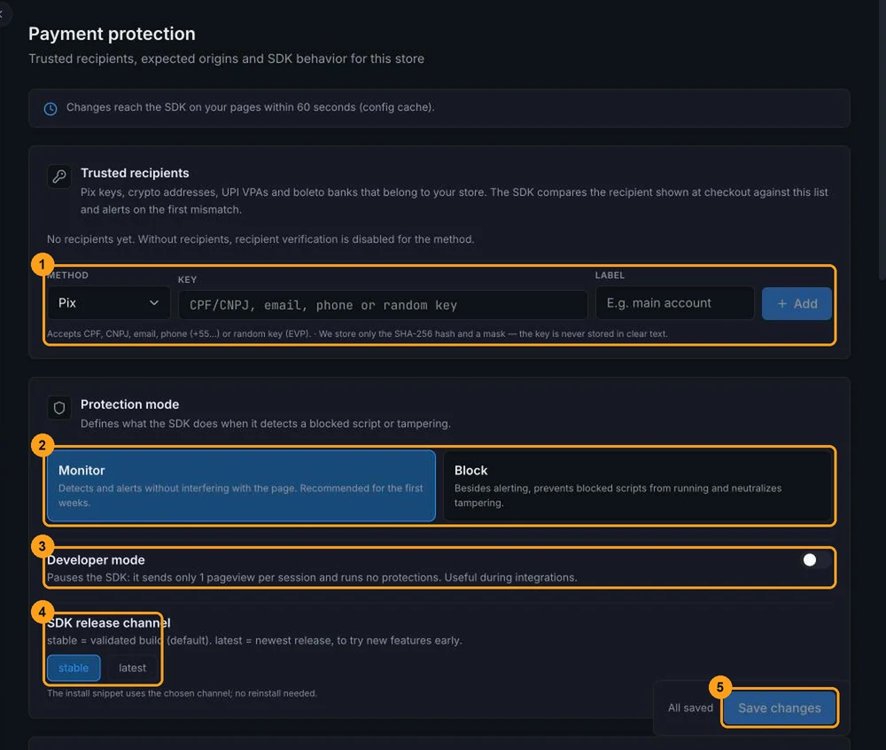 Top of the Payment protection screen with the trusted recipients table, the Monitor and Block cards, the Developer mode switch, the stable and latest buttons and the Save changes button