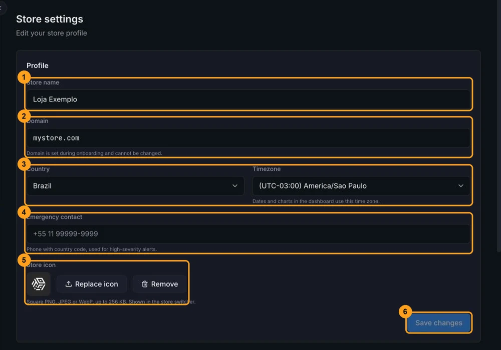Store settings screen with the Store name, Domain, Country, Timezone, Emergency contact and Store icon fields and the Save changes button