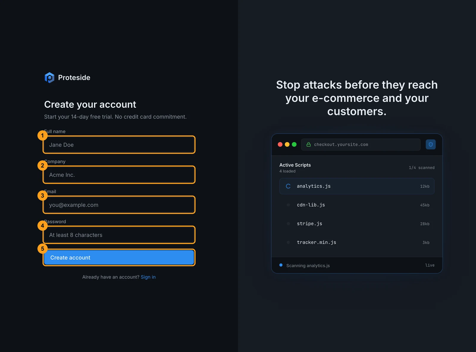 Create your account screen with the full name, company, email and password fields and the Create account button