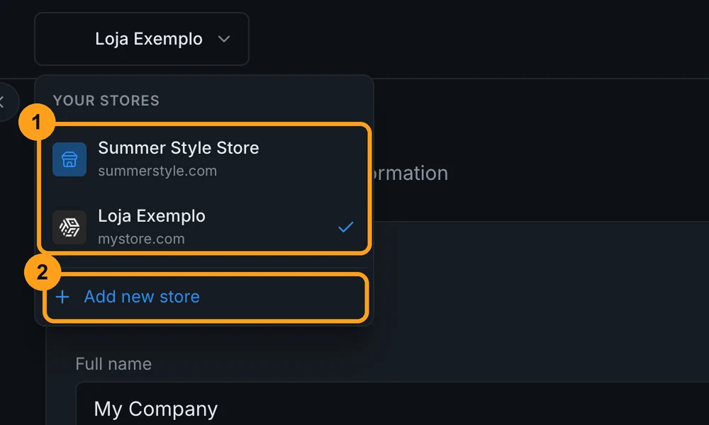 Store selector open with the Your stores list and the Add new store option