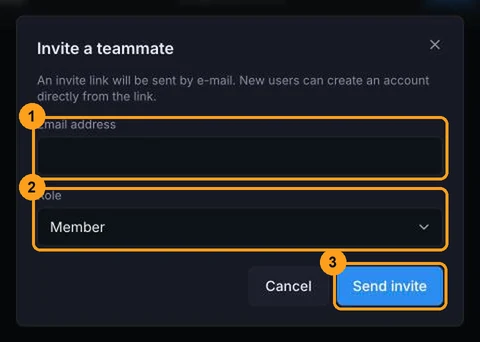 Invite a teammate window with the Email address and Role fields and the Send invite button