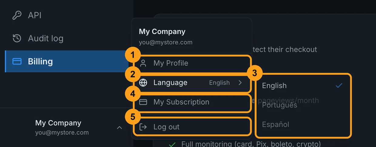 User menu open with My Profile, the Language submenu with English, Português and Español, My Subscription and Log out