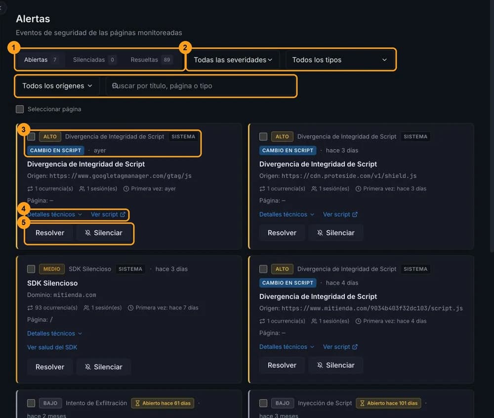 Página Alertas con las pestañas Abiertas, Silenciadas y Resueltas, los filtros, la búsqueda y tarjetas de alerta con los botones Resolver y Silenciar