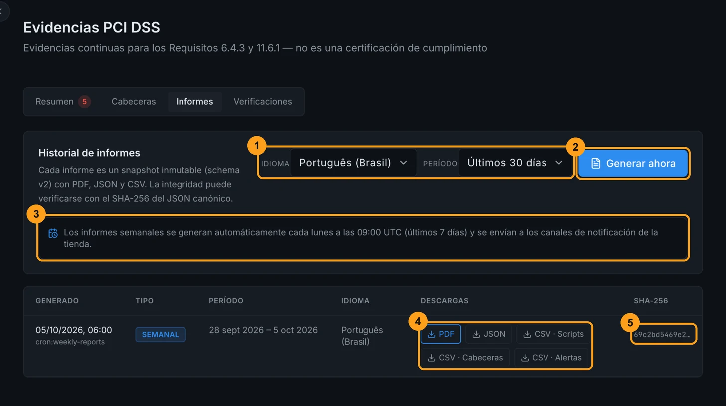 Pestaña Informes con los campos Idioma y Período, el botón Generar ahora, el aviso del reporte semanal, las descargas y el SHA-256