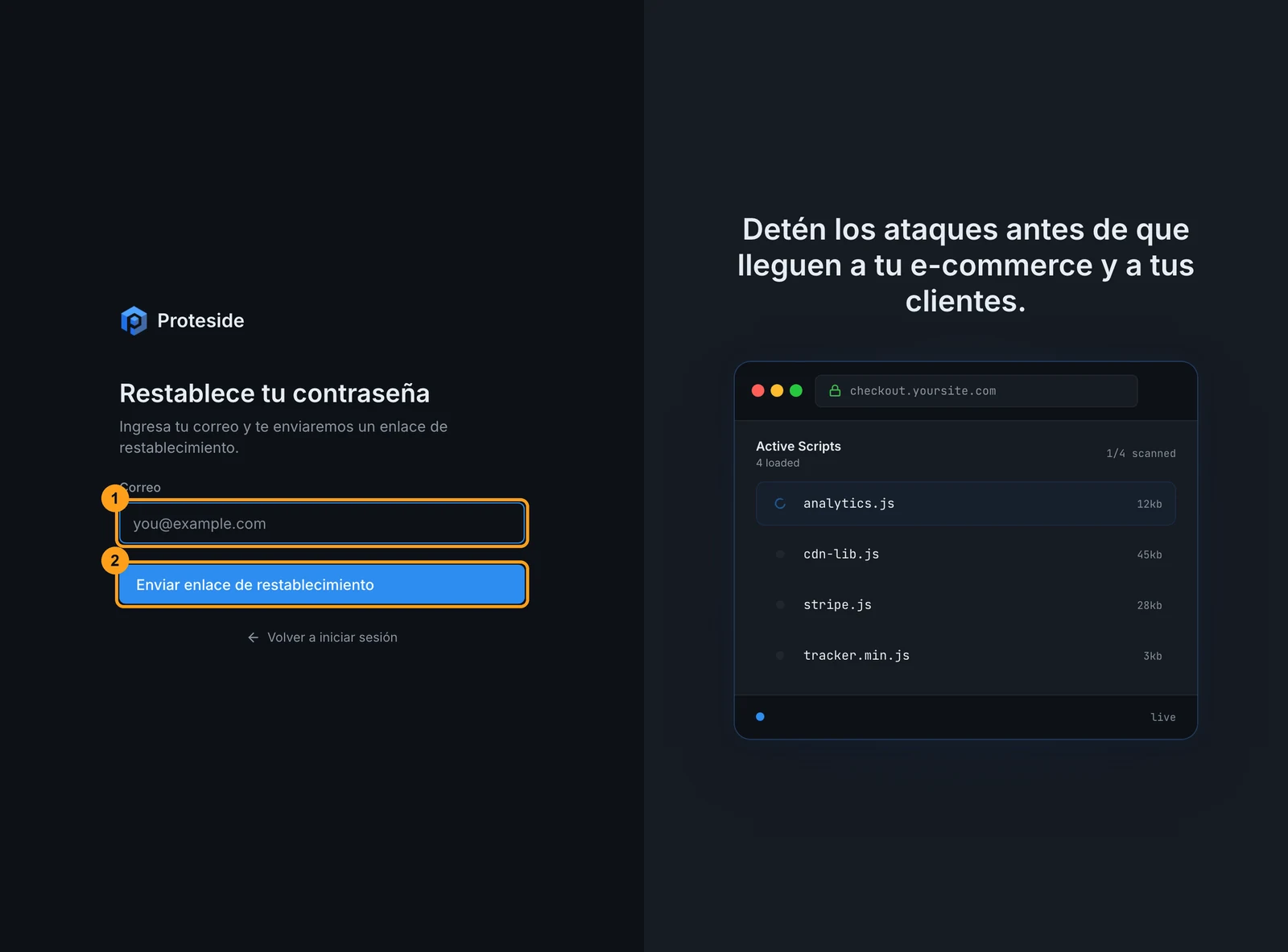 Pantalla Restablece tu contraseña con el campo correo y el botón Enviar enlace de restablecimiento