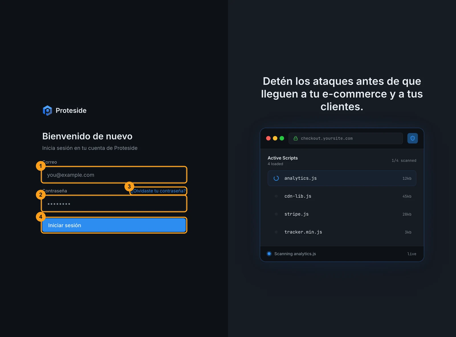 Pantalla de inicio de sesión con los campos correo y contraseña, el enlace ¿Olvidaste tu contraseña? y el botón Iniciar sesión