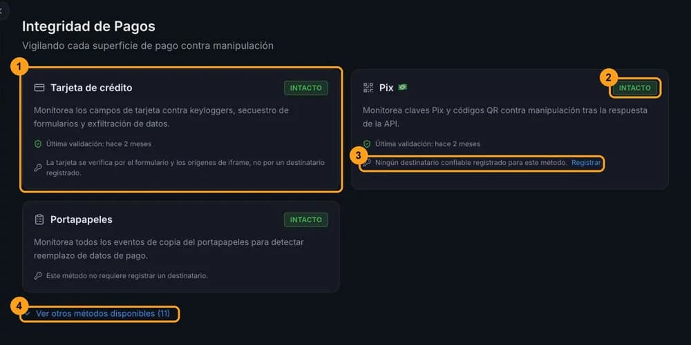 Página Integridad de Pagos con las tarjetas Tarjeta de crédito, Pix y Portapapeles, el estado Intacto, el aviso de destinatario no registrado en Pix y el enlace Ver otros métodos disponibles