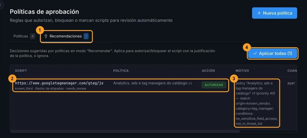 Pestaña Recomendaciones con el script, la política que lo recomendó, el motivo y el botón Aplicar todas