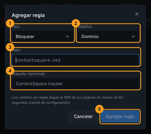 Modal Agregar regla con los campos Tipo, Objetivo, Valor y Etiqueta y el botón Agregar regla