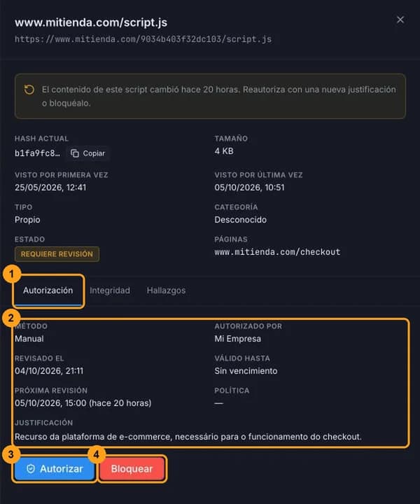 Panel de detalles del script en la pestaña Autorización, con método, autor, vigencia, próxima revisión, justificación y los botones Autorizar y Bloquear