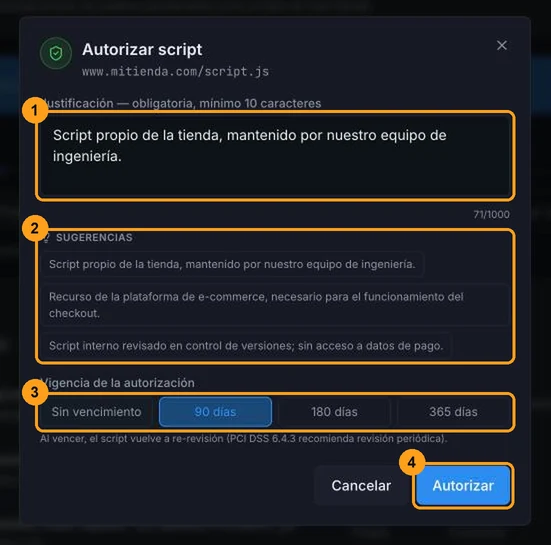 Modal Autorizar script con el campo de justificación, las sugerencias, las opciones de vigencia y el botón Autorizar