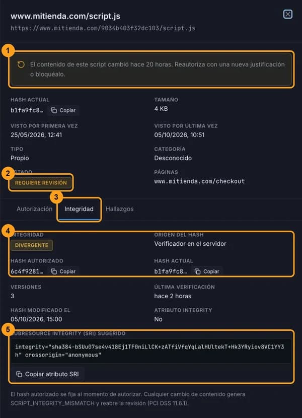 Panel de detalles del script en la pestaña Integridad, con el aviso de contenido modificado, el estado, el hash autorizado y el hash actual y el SRI sugerido