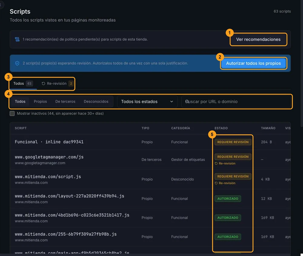 Página Scripts con el aviso de recomendaciones, el aviso de scripts propios pendientes, las pestañas Todos y Re-revisión, los filtros y la columna Estado