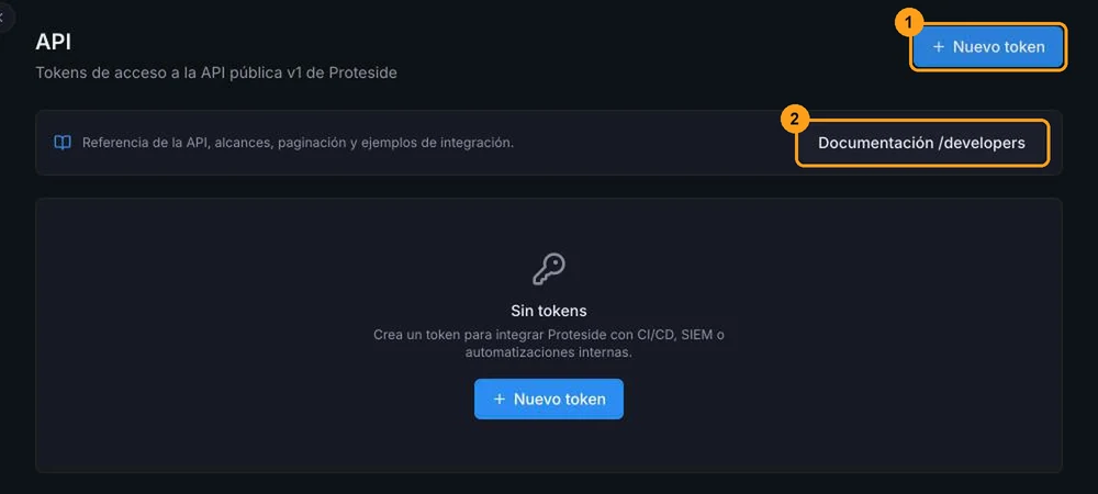 Pantalla API sin tokens, con el botón Nuevo token y el enlace Documentación /developers