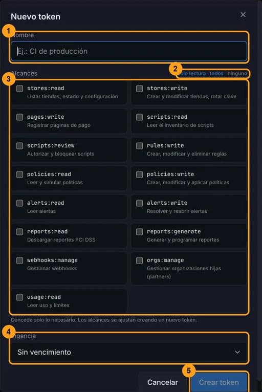 Pantalla Ajustes → API con la lista de tokens: nombre, prefijo, alcances, último uso, vencimiento y estado