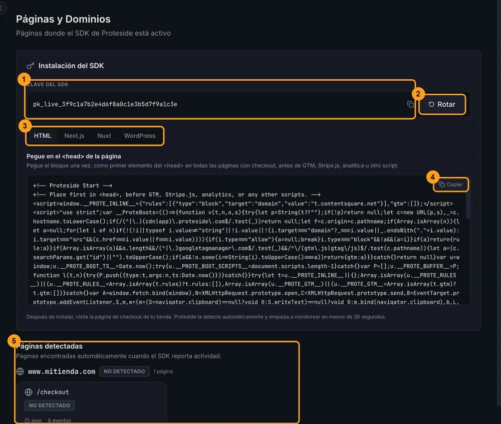 Pantalla Páginas y Dominios con la tarjeta Instalación del SDK, la Clave del SDK y las pestañas de plataforma del snippet