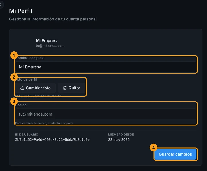 Pantalla Mi Perfil con los campos Nombre completo, Foto de perfil, Correo deshabilitado y el botón Guardar cambios