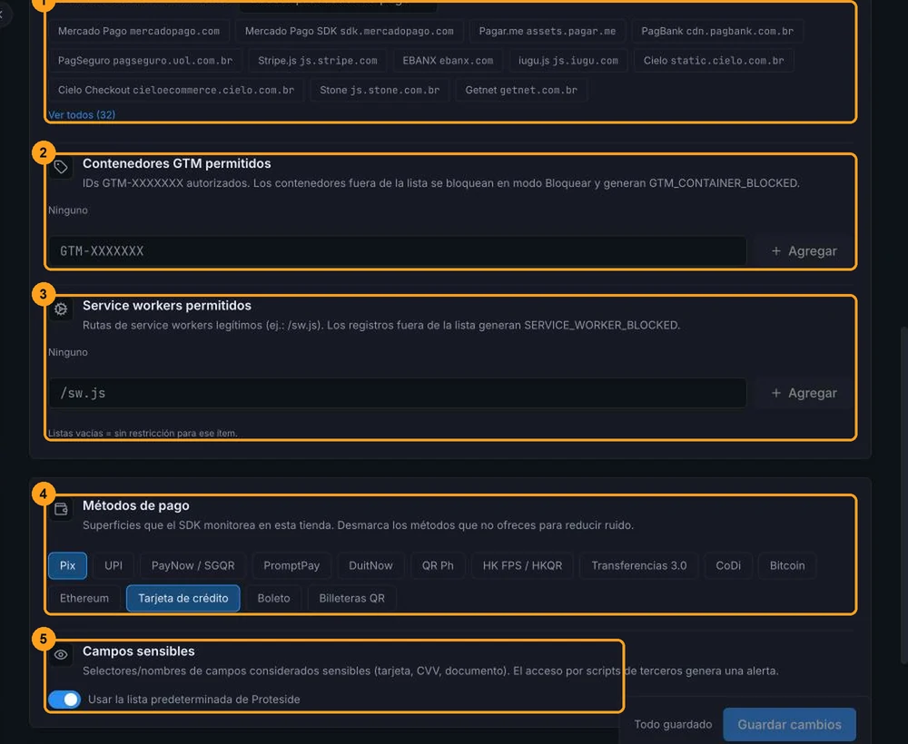 Parte inferior de la pantalla Protección del pago con las sugerencias de proveedores del catálogo, contenedores GTM permitidos, service workers permitidos, métodos de pago y campos sensibles