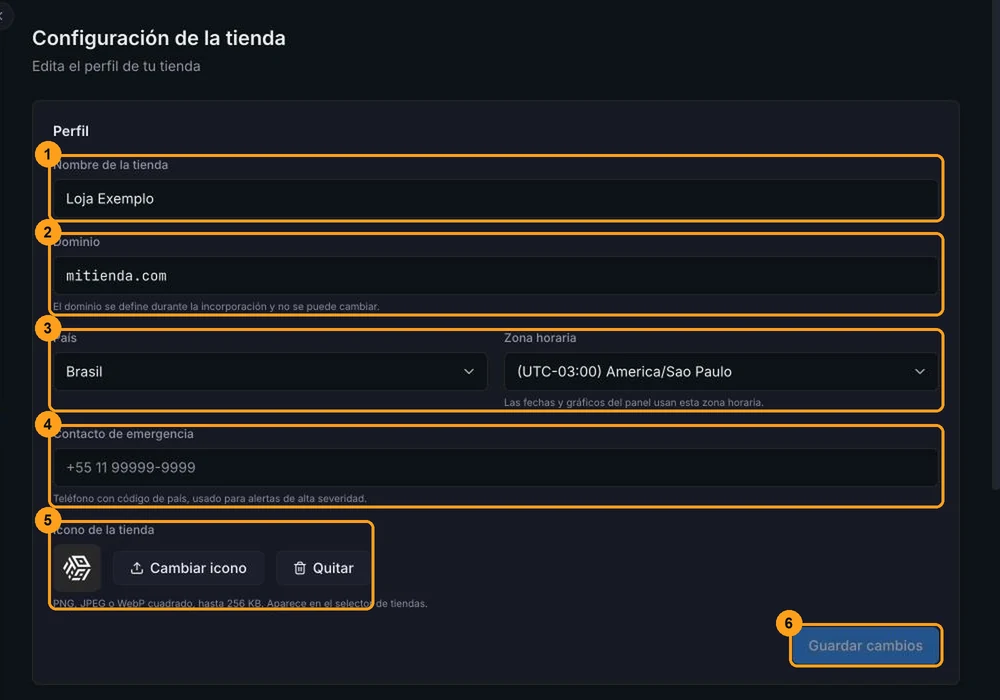 Pantalla Configuración de la tienda con los campos Nombre de la tienda, Dominio, País, Zona horaria, Contacto de emergencia, Icono de la tienda y el botón Guardar cambios