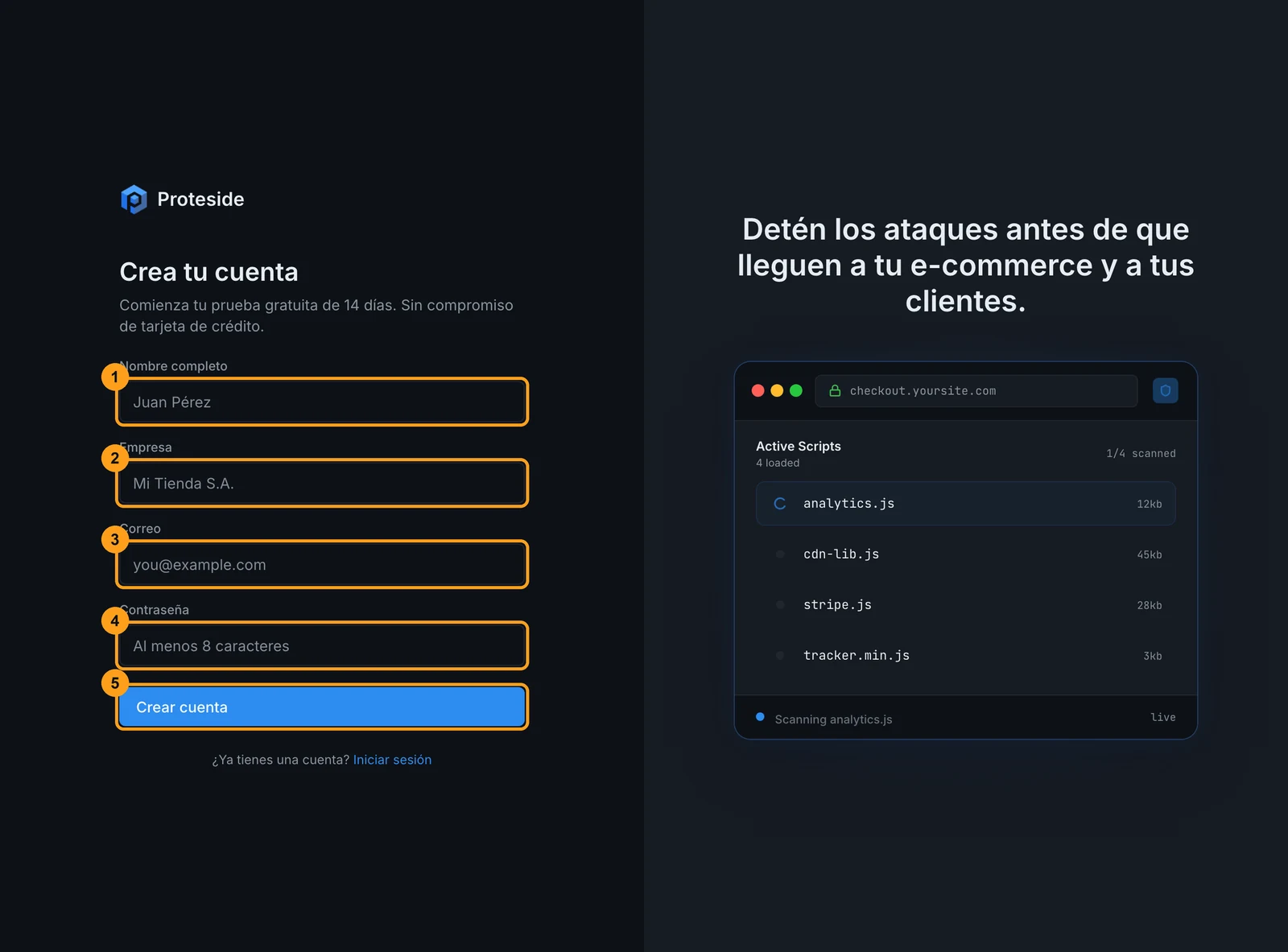 Pantalla Crea tu cuenta con los campos nombre completo, empresa, correo y contraseña y el botón Crear cuenta
