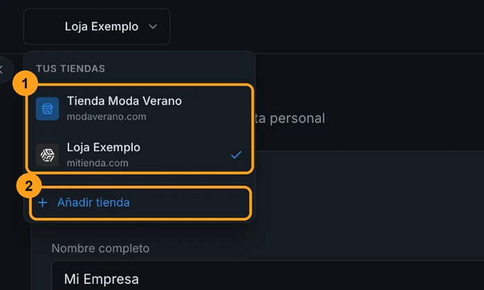Selector de tienda abierto con la lista Tus tiendas y la opción Añadir tienda