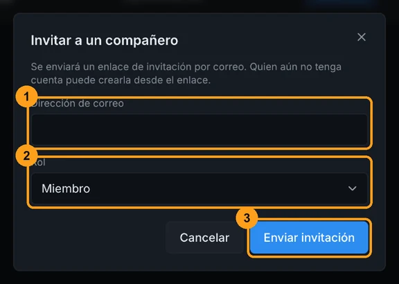 Ventana Invitar a un compañero con los campos Dirección de correo y Rol y el botón Enviar invitación