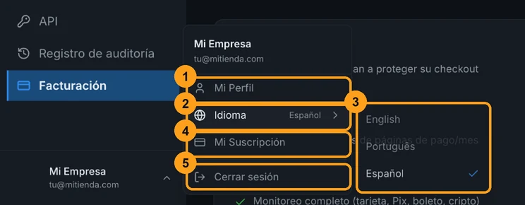 Menú del usuario abierto con Mi Perfil, el submenú Idioma con English, Português y Español, Mi Suscripción y Cerrar sesión