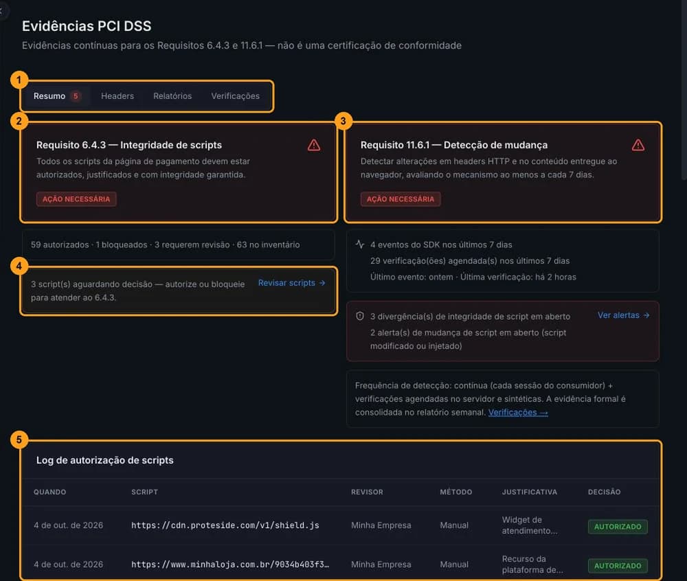 Aba Resumo com os cartões dos requisitos 6.4.3 e 11.6.1, o aviso de scripts aguardando decisão e o log de autorização de scripts