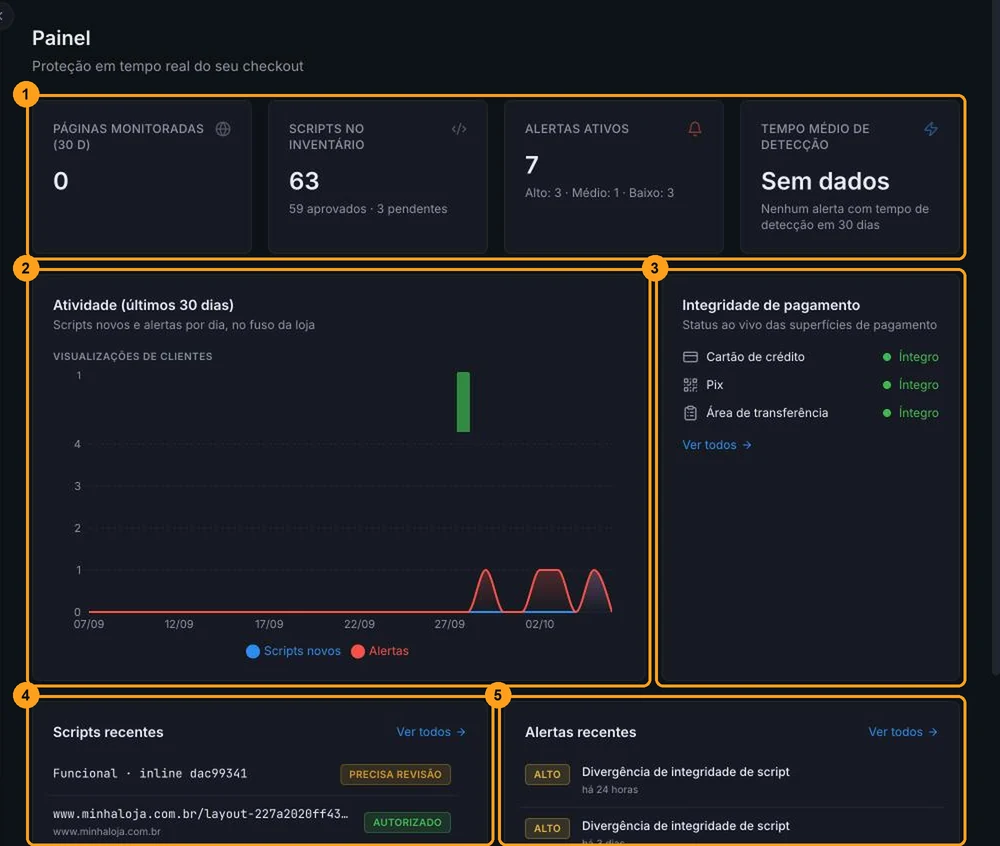 Painel com quatro indicadores, o gráfico de atividade dos últimos 30 dias, a integridade de pagamento, os scripts recentes e os alertas recentes