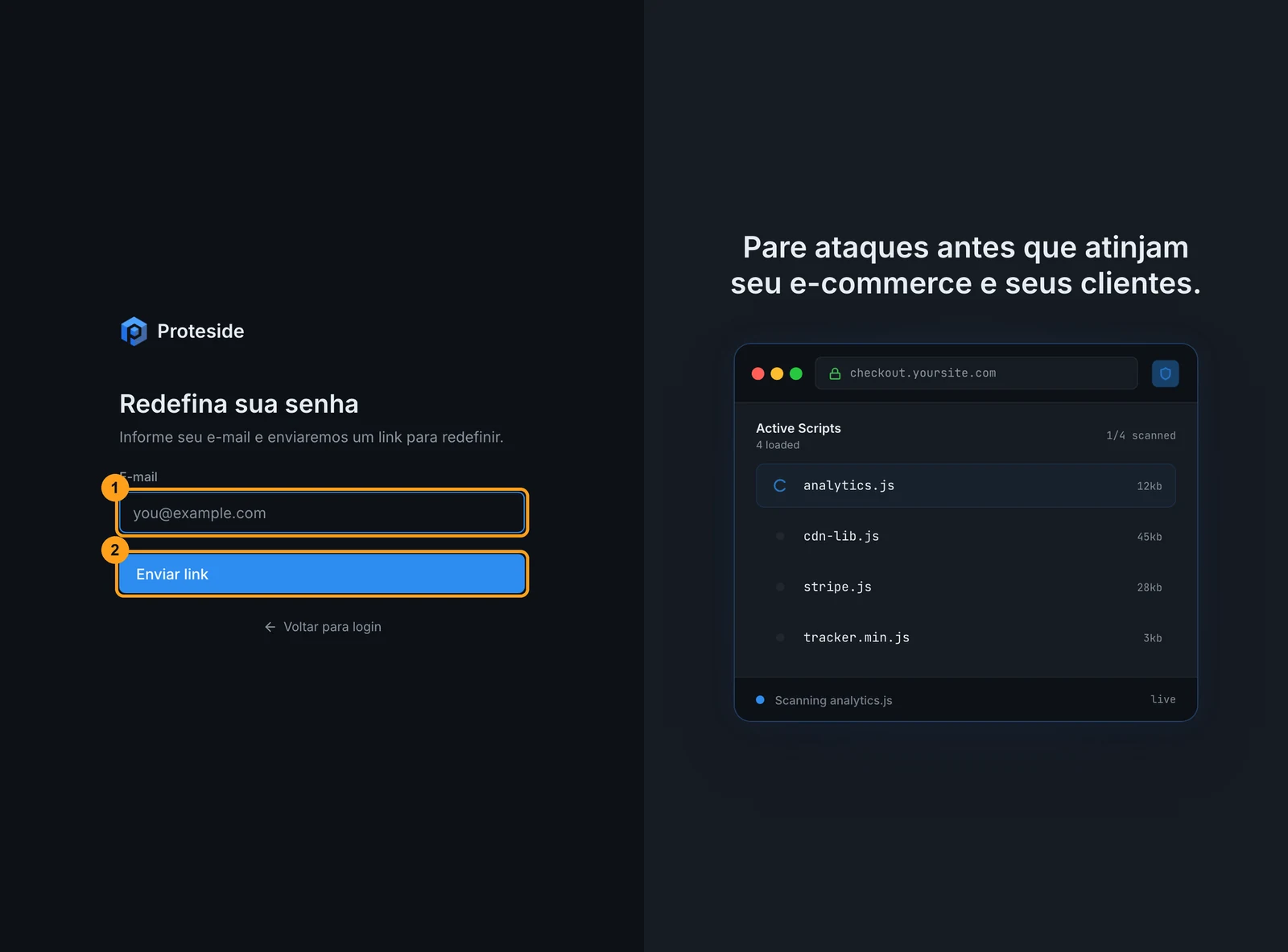 Tela Redefina sua senha com o campo e-mail e o botão Enviar link