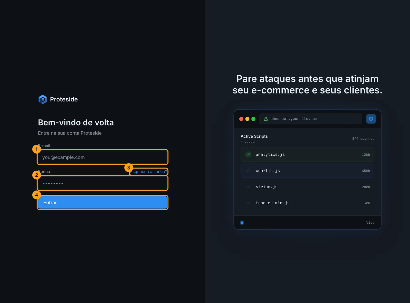 Tela de login com os campos e-mail e senha, o link Esqueceu a senha e o botão Entrar