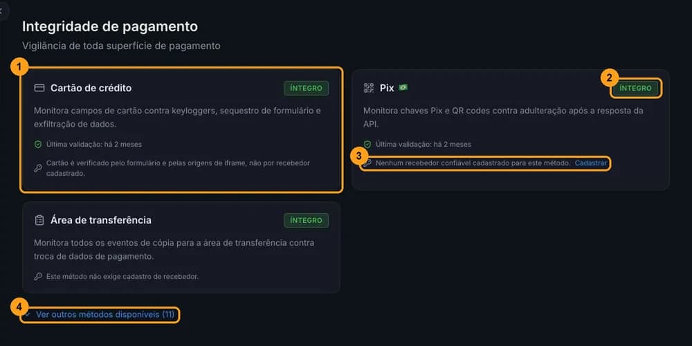 Página Integridade de pagamento com os cartões Cartão de crédito, Pix e Área de transferência, o status Íntegro, o aviso de recebedor não cadastrado no Pix e o link Ver outros métodos disponíveis