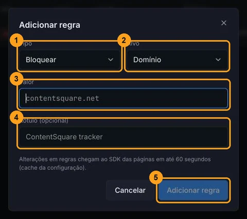 Modal Adicionar regra com os campos Tipo, Alvo, Valor e Rótulo e o botão Adicionar regra