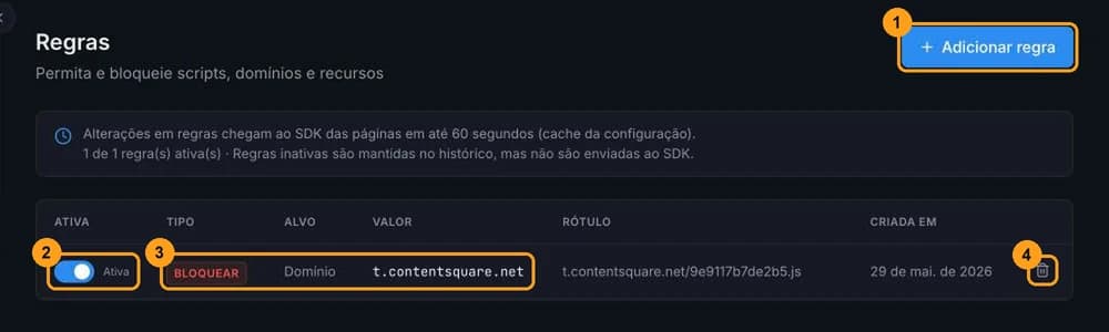 Página Regras com o botão Adicionar regra e uma tabela de regras com a chave Ativa, o tipo, o alvo, o valor e o botão de excluir