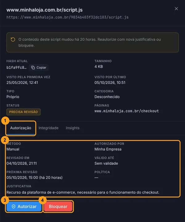 Painel de detalhes do script na aba Autorização, com método, autor, validade, próxima revisão, justificativa e os botões Autorizar e Bloquear