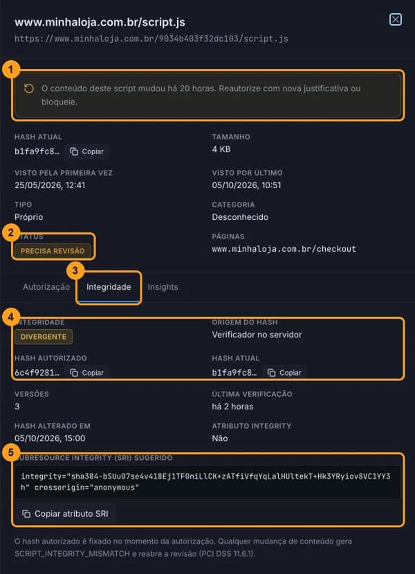Painel de detalhes do script na aba Integridade, com o aviso de conteúdo alterado, o status, o hash autorizado e o hash atual e o SRI sugerido