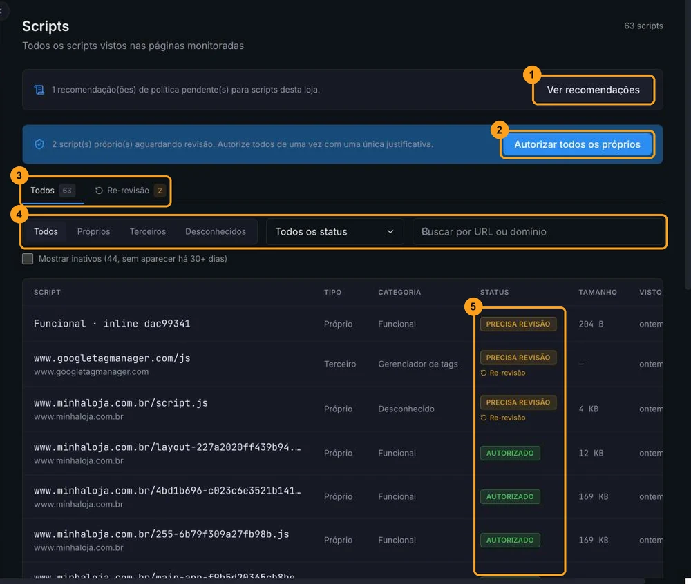 Página Scripts com o aviso de recomendações, o aviso de scripts próprios pendentes, as abas Todos e Re-revisão, os filtros e a coluna Status