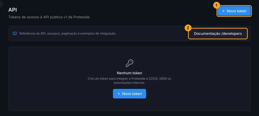 Tela API sem tokens, com o botão Novo token e o link Documentação /developers